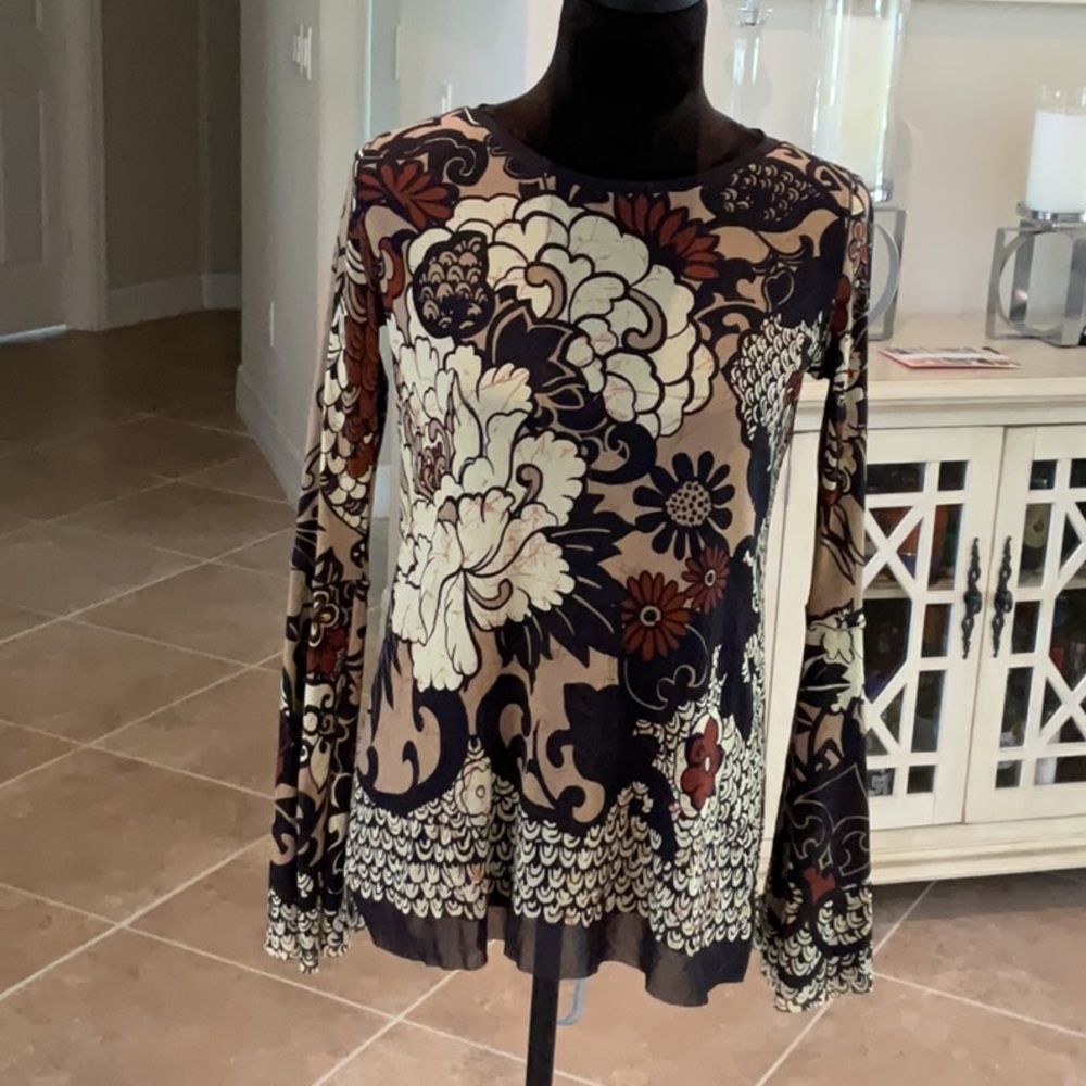 FUZZI floral print top, bell sleeves,back tie, size M